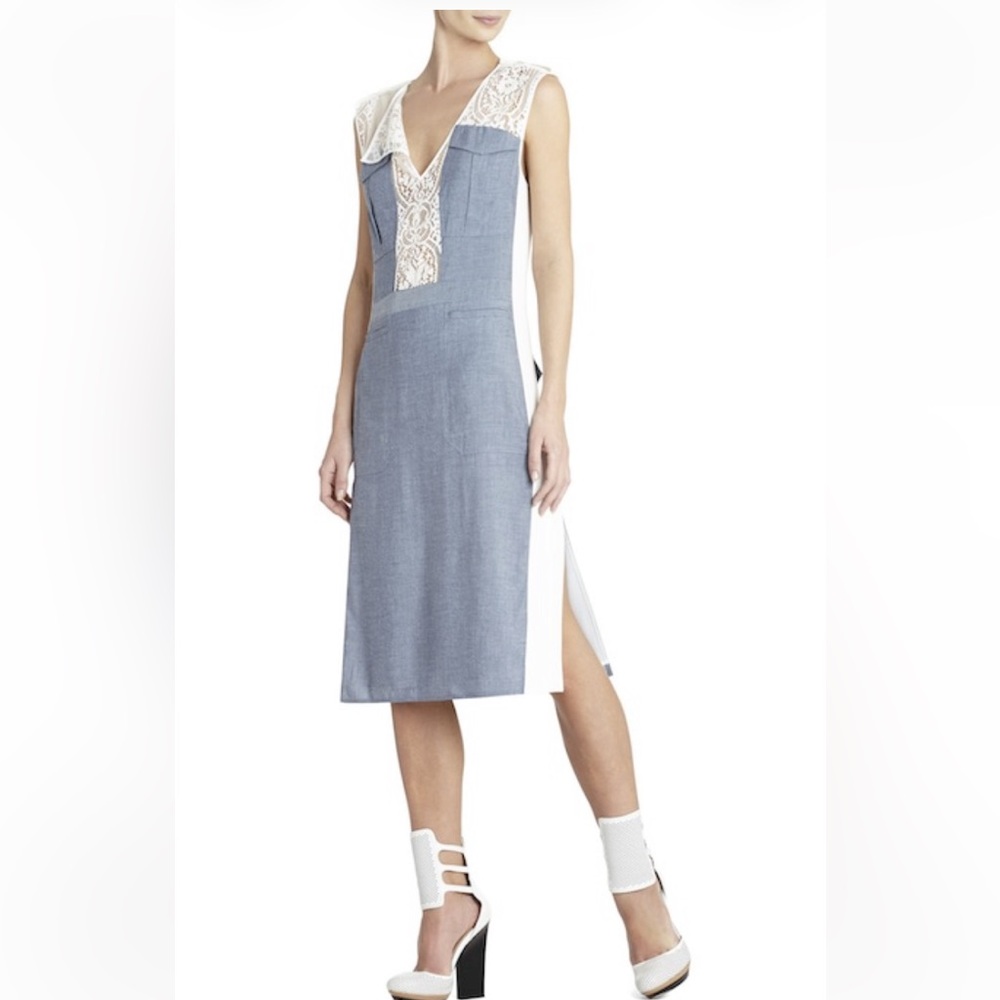 Bcbg Maxazria Liliana Blue and White lace insert Midi Dress